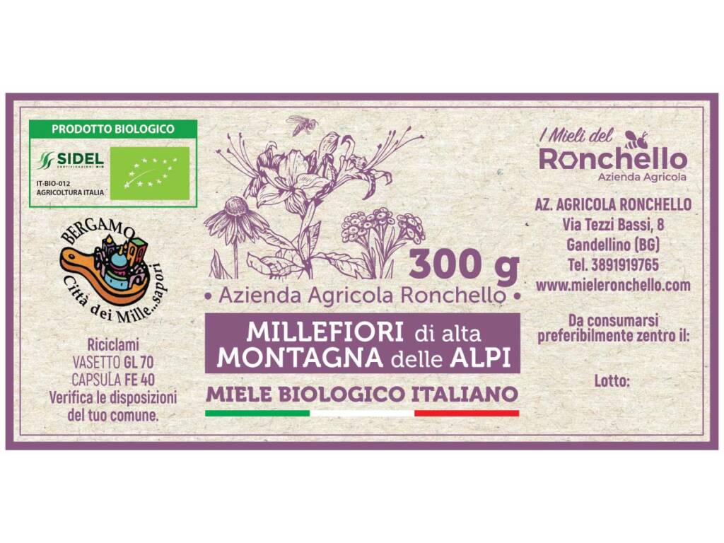 Etichetta di Miele Millefiori di alta montagna delle Alpi