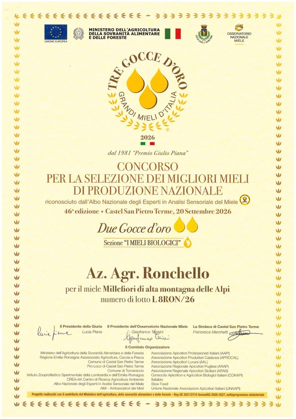 Attestato Due Gocce d’oro 2026 al miele Millefiori di alta montagna delle Alpi biologico di Ronchello